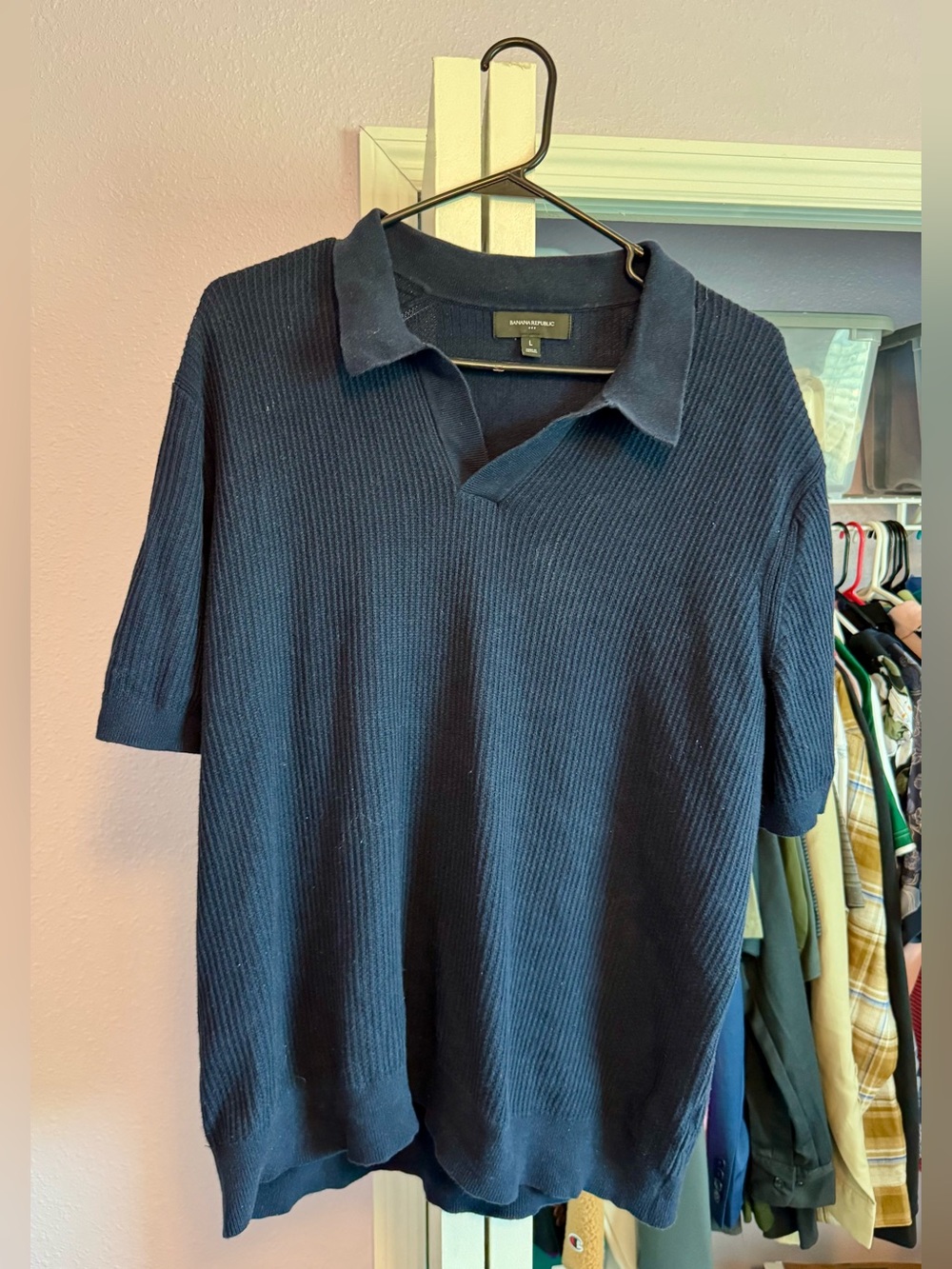 Banana Republic Men’s Large Navy Ribbed Knit Polo Shirt 100% Cotton Short Sleeve